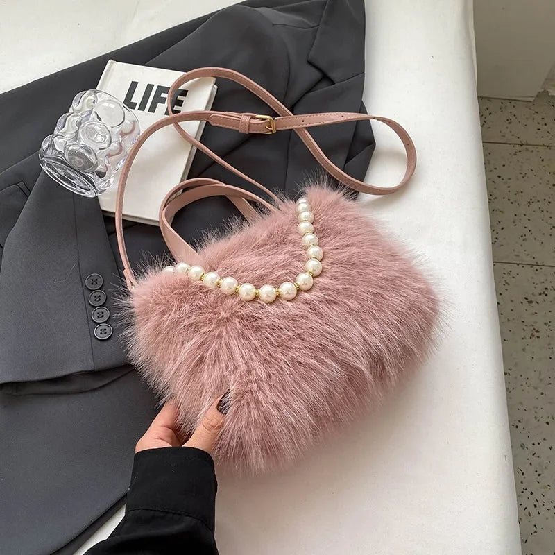 Winter Fashion Faux Fur Crossbody Bags for Women's Gift, Pearl Chain Decor Shoulder Bag, Ladies Handbags Top-handel Bag
