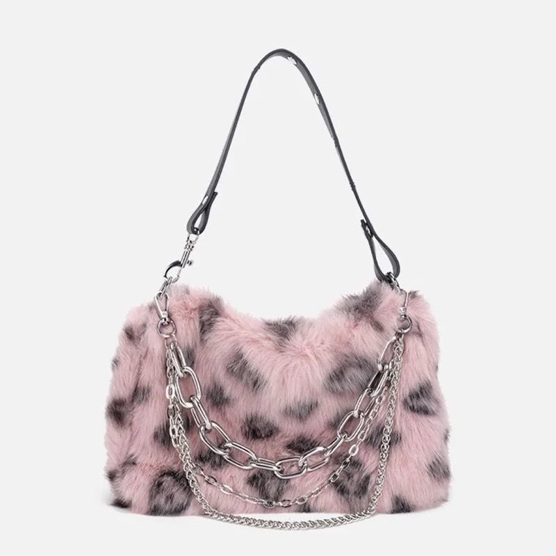 New Faux Fur Leopard Shoulder Bag Women's Autumn Winter Chain Handbags Ladies Leopard Print Clutch Purses Fluffy Top Handle Bags