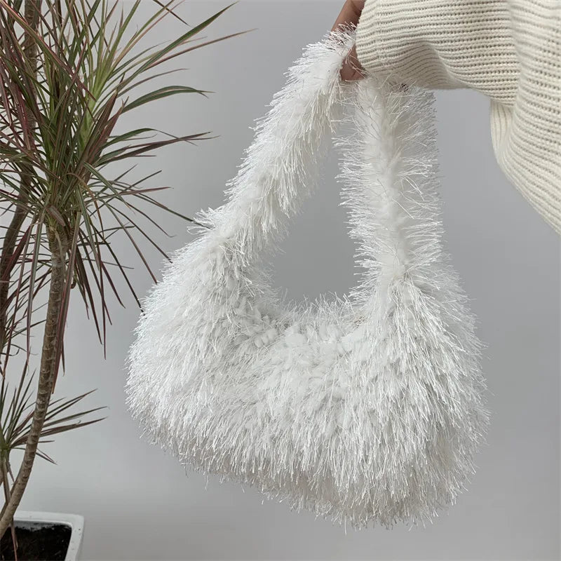 Solid Color Faux Fur Women's Furry Shoulder Bag Sweet Winter Plush Ladies Tote Handbags Simple Female Underarm Bags Purse Clutch