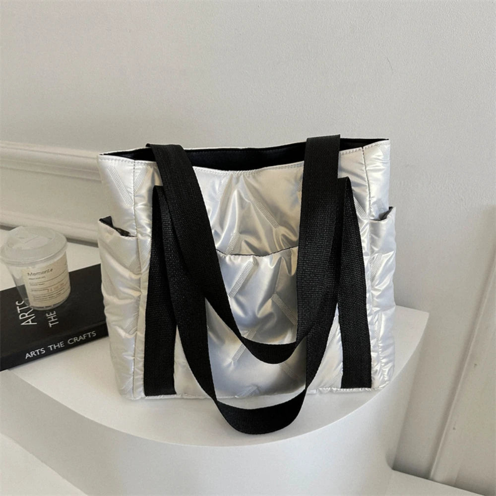 Space Padded Women Shoulder Bags For Winter 2025 Large Capacity Black Handbags Designer Nylon Cotton Warm Tote Solid