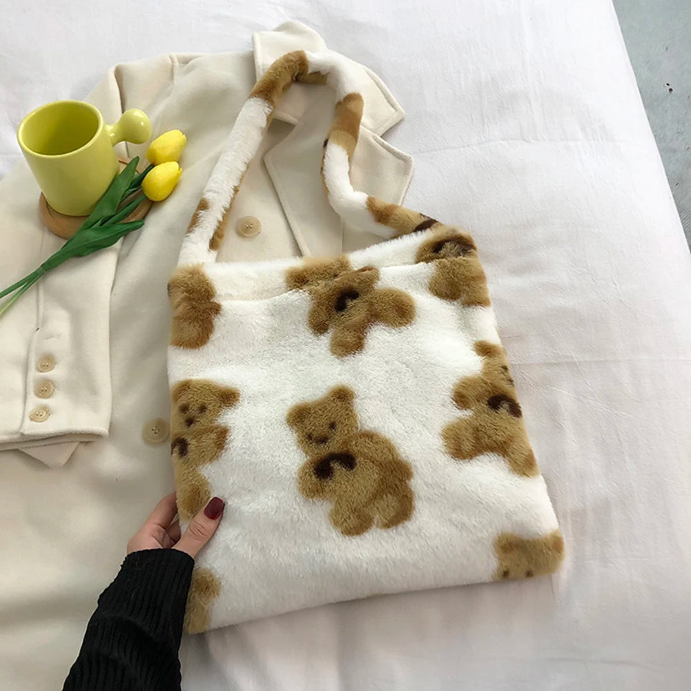 Women Cute Plush Tote Handbags Autumn Winter Fluffy Flower Shoulder Bags Large Capacity Messenger Bag Fashion Crossbody Bags