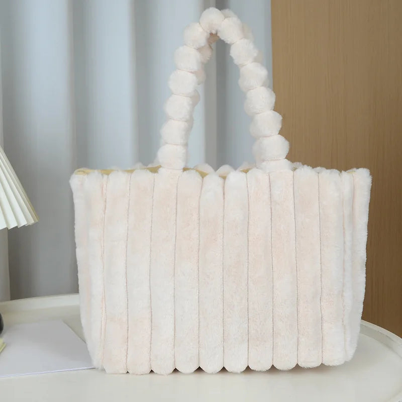 Autumn Winter Soft Plush Tote Bag Stylish College Student Shoulder Bags for Women Handbag with Leather Material Polyester Lining
