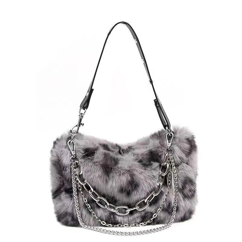 New Faux Fur Leopard Shoulder Bag Women's Autumn Winter Chain Handbags Ladies Leopard Print Clutch Purses Fluffy Top Handle Bags
