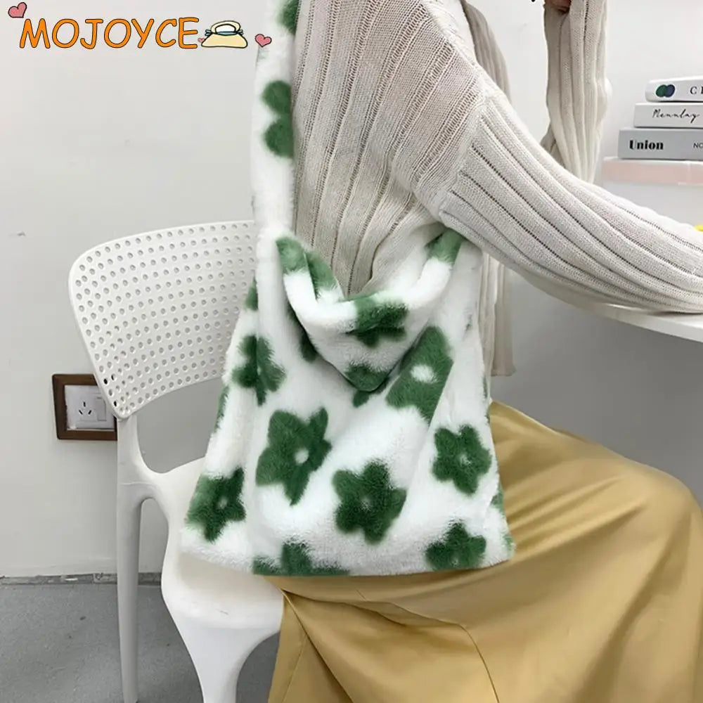 Women Cute Plush Tote Handbags Autumn Winter Fluffy Flower Shoulder Bags Large Capacity Messenger Bag Fashion Crossbody Bags