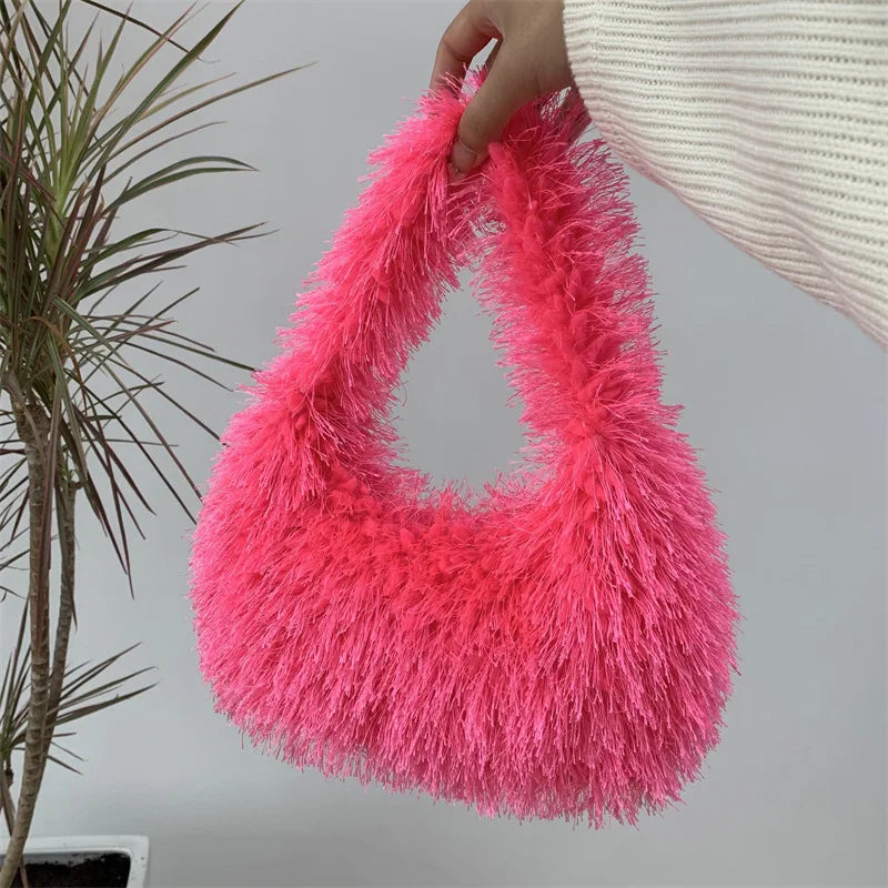 Solid Color Faux Fur Women's Furry Shoulder Bag Sweet Winter Plush Ladies Tote Handbags Simple Female Underarm Bags Purse Clutch