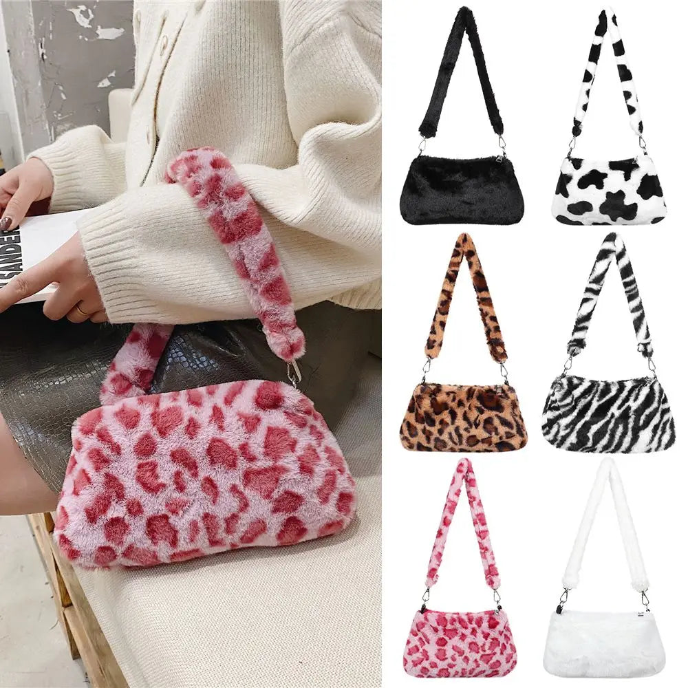 Women Leopard Plush Crossbody Bags Handbags Messenger Bags Shoulder Bags Underarm Bags