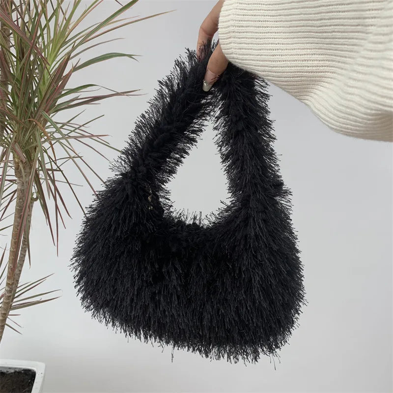 Solid Color Faux Fur Women's Furry Shoulder Bag Sweet Winter Plush Ladies Tote Handbags Simple Female Underarm Bags Purse Clutch