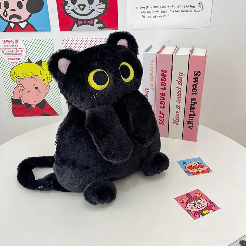 Winter Cute Soft Plush Cartoon Cat Backpack Girls Kawaii New Style Versatile Furry Crossbody Bag Personality Black Portable Bag