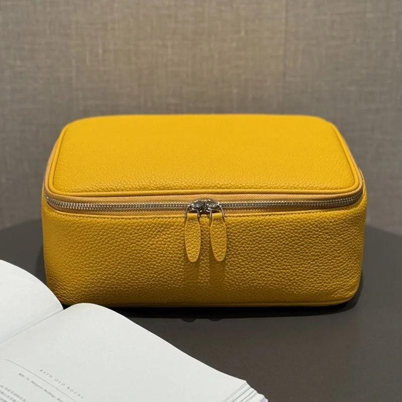 Leather large-capacity fashionable box-shaped makeup bag, portable multi-functional wash bag, simple travel cosmetic storage