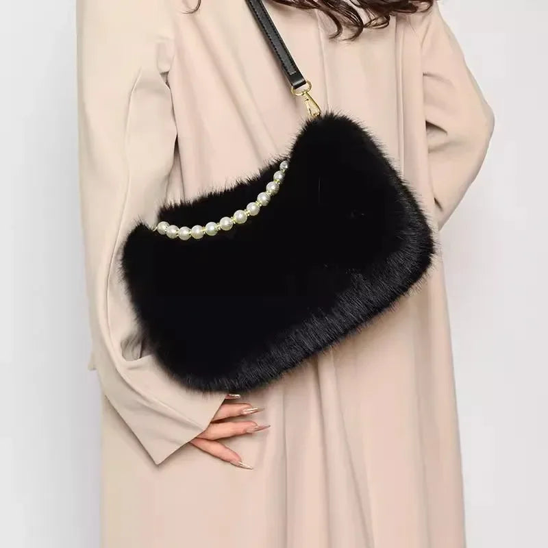 Candy Color Pearl Handle Women's Plush Crossbody Bag Portable Female Furry Handbags Winter Fashion Casual Ladies Shoulder Bags