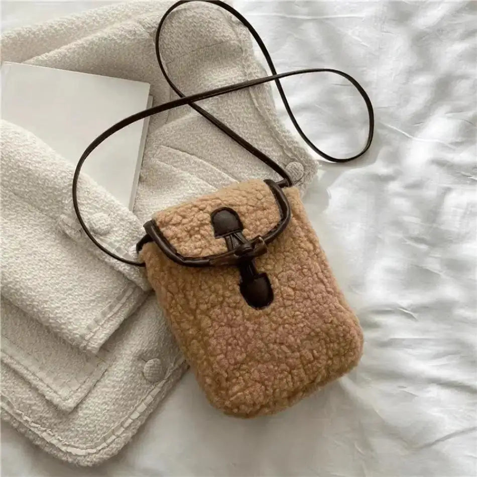 1 Pcs Women's Retro Lamb Fleece Bag Color Blocking Minimalist Mobile Phone Bag Single Shoulder Crossbody Small Bag